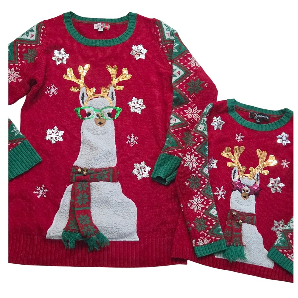 Mommy Me Matching Llama Ugly Christmas Sweater Set Sequin Medium Glitz Glam